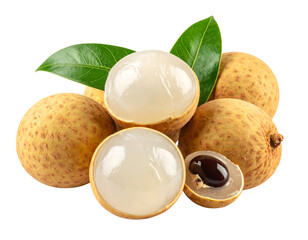 Fresh longan fruits with leaves isolated on transparent background