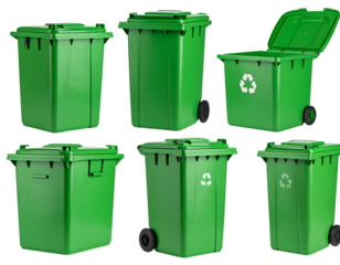Eco-Friendly Green Recycling Bin in Different Angles, isolated on a transparent background