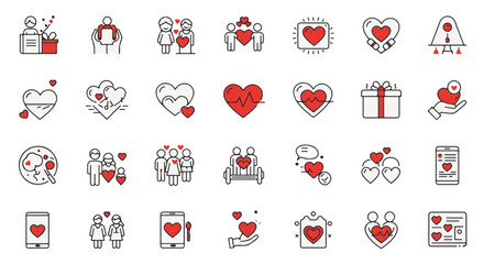 Set of love-themed icons featuring heart symbols.