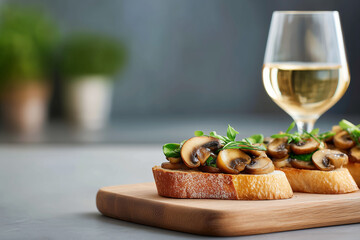 Elegant Mushroom Bruschetta with White Wine, appetizing gourmet meal on wooden board with soft background