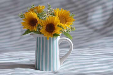 Yellow sunflowers bouquet in striped pitcher, delightful interior decoration, fresh flowers, sunny summer day