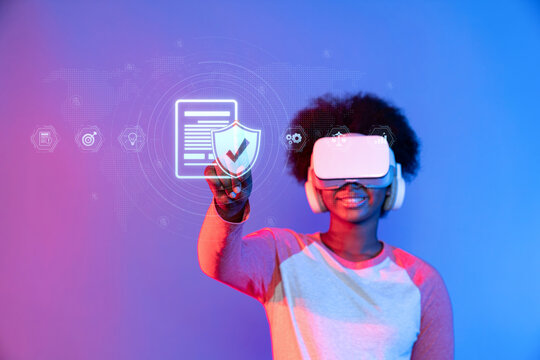 A young user engages with virtual reality technology, ensuring compliance with laws and regulations. The experience highlights quality control and certified processes. XDMCP