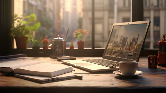 A laptop and coffee cup on a desk with a notebook and plants in front of a bright window view