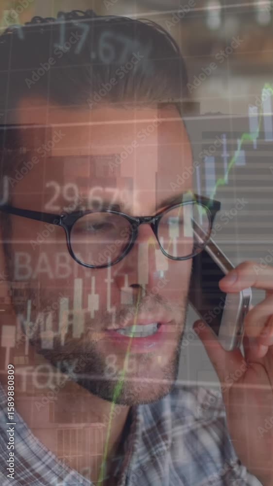 Poster animation of financial data processing over man talking on smartphone against tall building