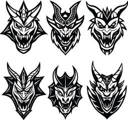 A dynamic black and white tribal tattoo design featuring a fierce skull and intricate animal patterns, perfect as a vector illustration or striking graphic element, head, racing, vintage