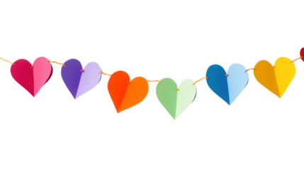 Vibrant heart shaped paper garland string with multi colors hearts for festival decoration and celebration on white background