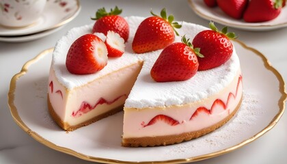 A beautiful strawberry cheesecake, perfectly presented on a white plate, ready to enjoy.
