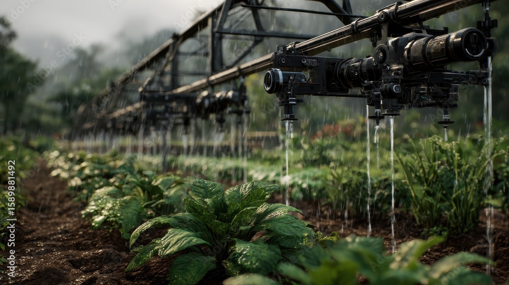 Poster a smart irrigation system in a sustainable farm, where sensors monitor soil moisture and automated s