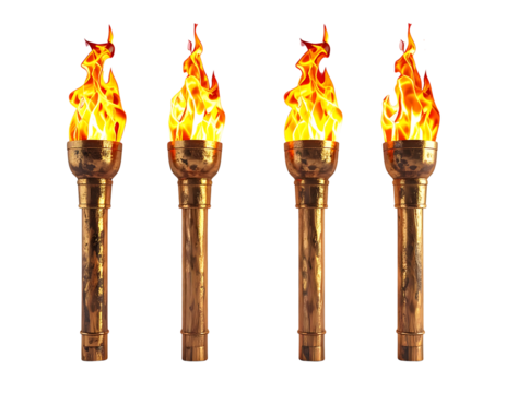 Four antique bronze torches with bright orange flames isolated on transparent background