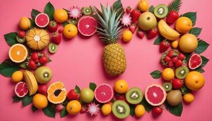 A colorful and healthy fruit arrangement on a vibrant pink backdrop for a summer feel.