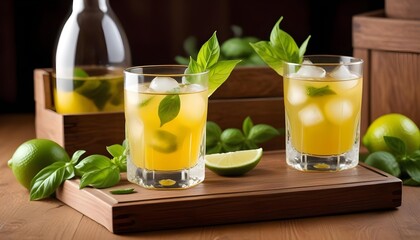 Fototapeta premium A refreshing summer cocktail with basil, ice, and lime is ready to enjoy.