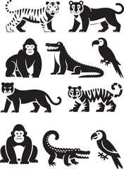 Tigers gorillas panthers crocodiles parrots vector