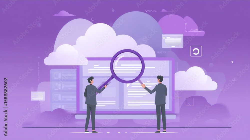 Poster two users searchig for big data in the cloud. computing storage technology, large database, data ana