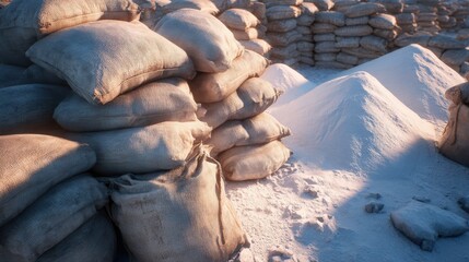 Close-up view of bags and piles of saltpeter