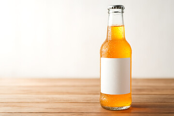Cold beer bottle mockup on wood table with blank label refreshment