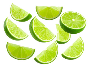 Vibrant Lime Slices Floating in the Air, isolated on a transparent background