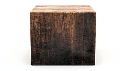 Wooden cube block with rustic texture on white background for product display and presentation