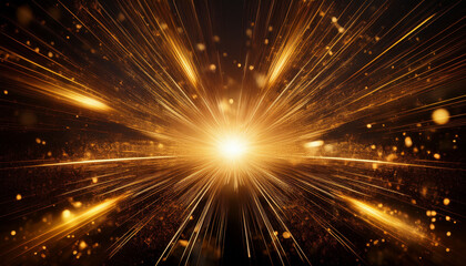 Naklejka premium bright golden particles radiating outward from a central glowing core against a dark background creating a dynamic explosion of light and energy