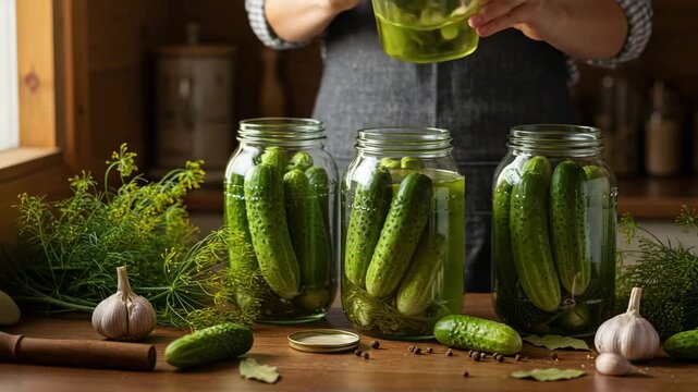 Realistic close-up of hands preserving cucumbers in jars on a rustic kitchen table with dill and garlic. Traditional homemade food preparation.