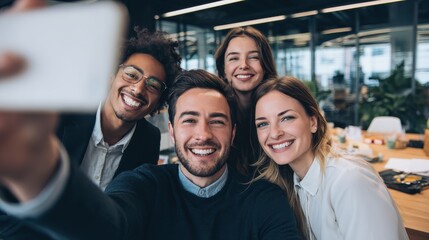 Smiling group of young businesspeople taking a selfie together while working at a table in a modern office, no logos, no brands