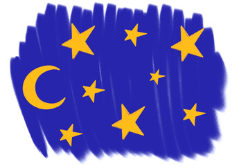 A dreamy, childlike illustration of the night sky featuring a crescent moon and yellow stars on a deep blue background. The whimsical style creates a calm, magical bedtime atmosphere.