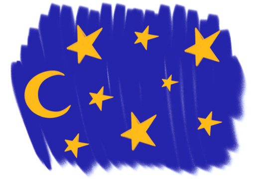 A dreamy, childlike illustration of the night sky featuring a crescent moon and yellow stars on a deep blue background. The whimsical style creates a calm, magical bedtime atmosphere.