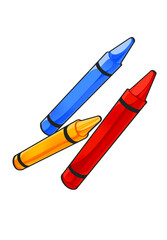 Three colorful crayons in blue, red, and yellow arranged diagonally on a clean white background. The style is bold and bright, suitable for education, children's creativity, or back-to-school concepts