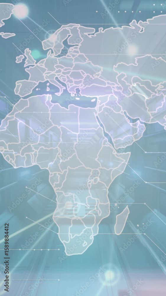 Poster animation of network of connections over world map against neon tunnel in seamless pattern