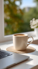 Coffee cup on saucer next to laptop by sunlit window, cozy workspace scene