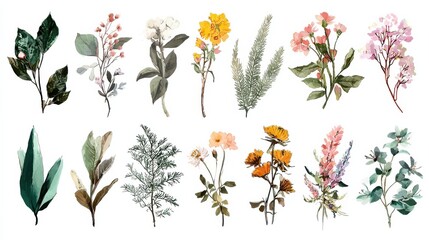 Obraz premium Collection of floral and botanical elements. Set of leaf, foliage wildflowers, plants, bloom, leaves and herb. Hand drawn of blossom spring season vectors for decor, website, graphic and shop., no lo
