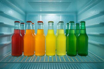 Colorful drinks in fridge bottles beverages refreshment cold storage