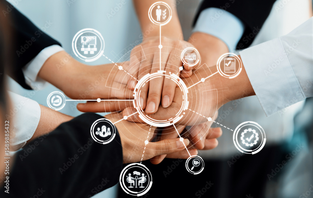 Poster a group of diverse hands join together symbolizing collaboration and teamwork, reflecting management