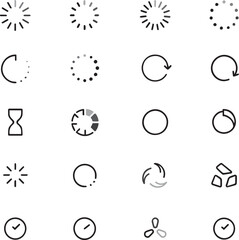 Loading spinner and progress icon set. Circular, loader, hourglass, refresh symbols.