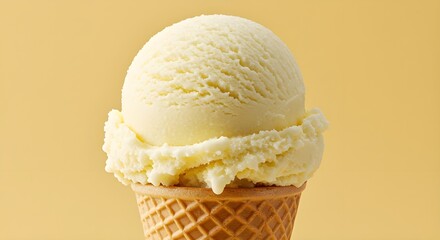 Tropical Lemon Coconut Ice Cream in Cone on Soft Pale Yellow Background – Creamy Texture, Exotic Flavor Blend, Refreshing Artisan Dessert Perfect for Summer with Gentle Pastel Shading