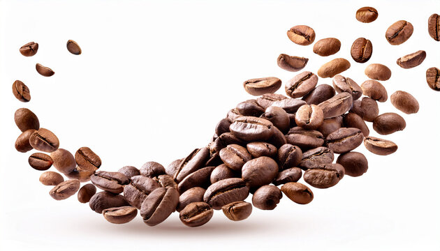 falling roasted brown coffee beans isolated white background