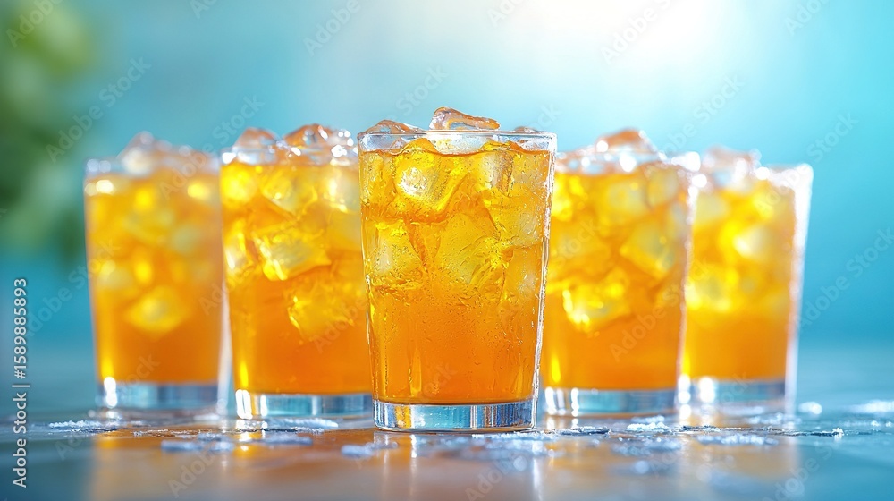 Poster a close-up shot of a collection of glasses filled with various drinks resting on a table against a b