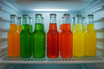 Colorful soda bottles in fridge refreshing drinks cold beverage variety