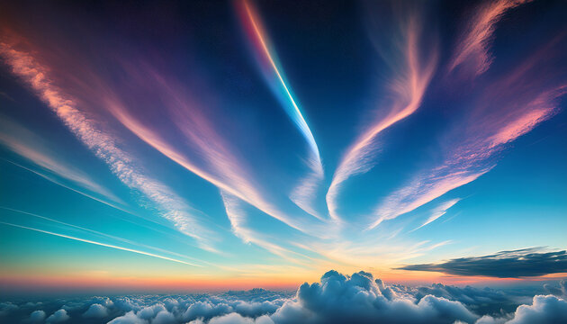 dreamy skyscape ethereal aurora like clouds with vapor trails and cumulus formations