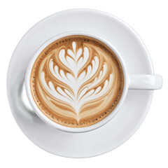 Top view of latte art coffee cup in white ceramic cup isolated on transparent background