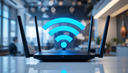 Modern Wi-Fi Router with Glowing Signal in Office Environment – High-Speed Internet Connectivity Concept