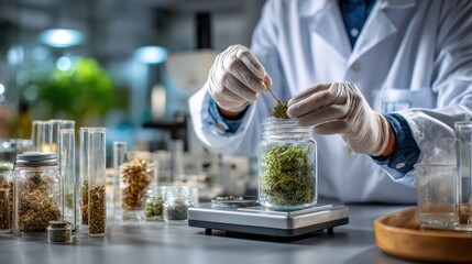 Equipped doctor making dermatology products in laboratory. Researcher wearing white gown and gloves putting samples of herbs in jar on scales while working on new formula of herbal organic goods, no 