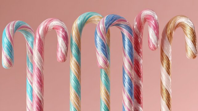 Colorful candy canes in pastel hues for festive decoration