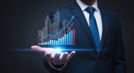 A businessman in a suit holds a holographic projection of a city skyline with upward trending financial charts