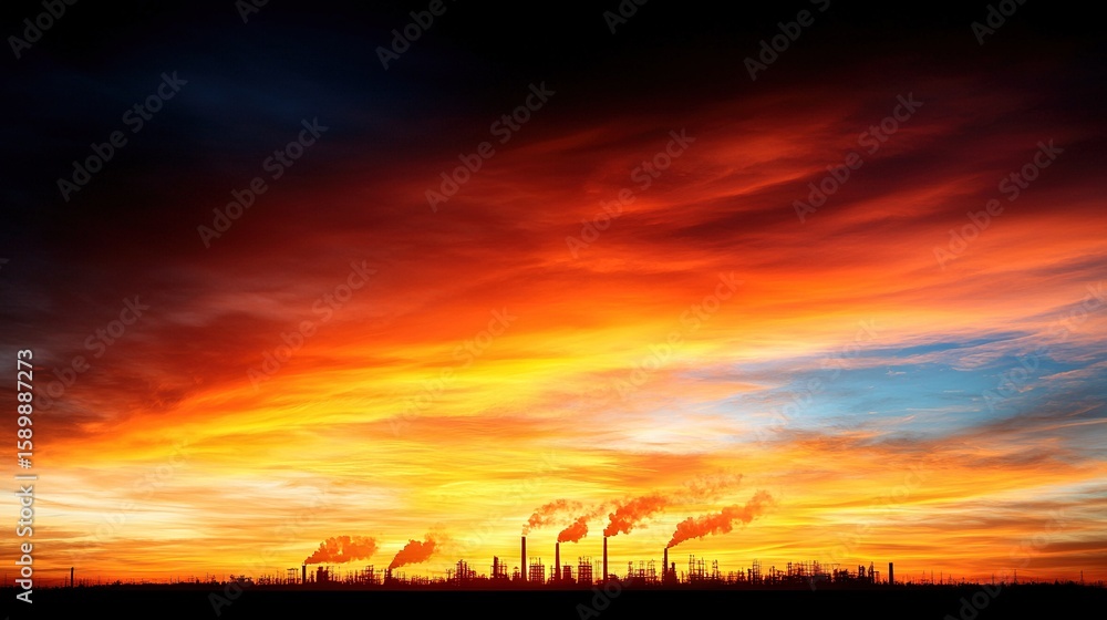 Poster sunset over factory with stacks in foreground and blue sky in background