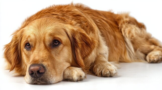 Sad golden retriever dog lying on the floor, pet isolated on white background, bored and unhappy animal