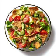 Fresh fattoush salad with crispy pita bread isolated on white background