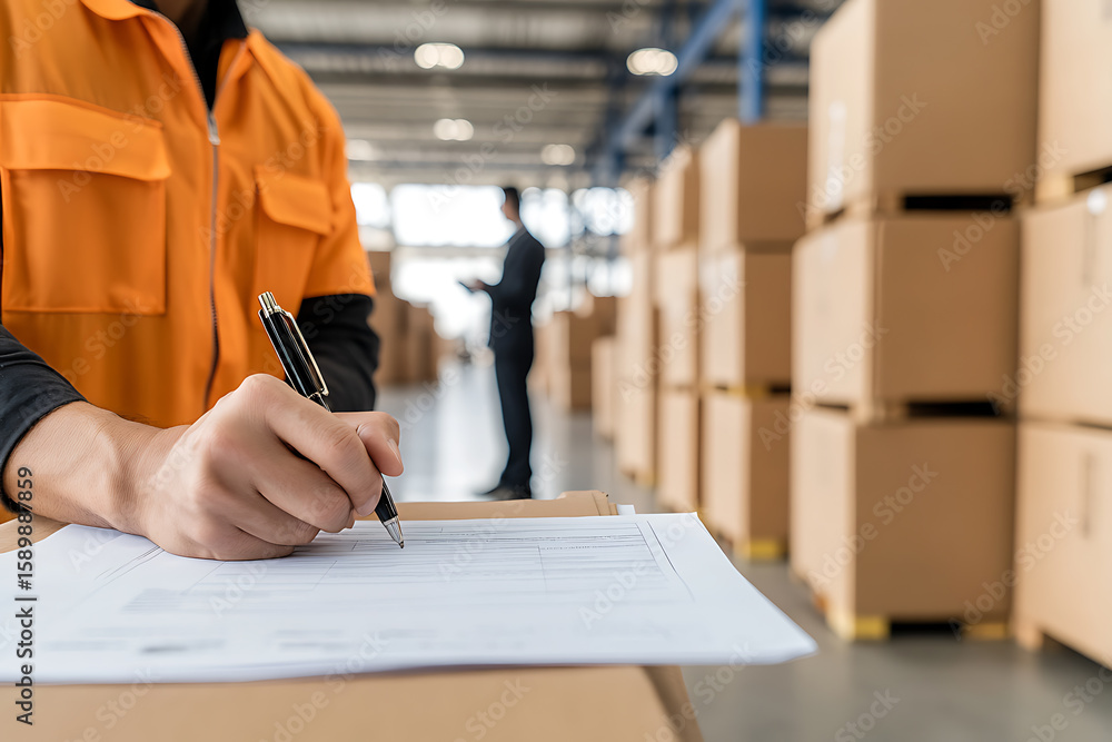 Poster warehouse inventory control. a worker checks inventory. another worker stands between tall stacks of