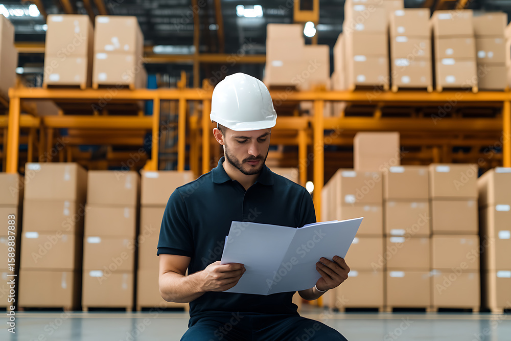 Poster warehouse worker in hardhat reviewing documents amidst stacked boxes. focus on operational precision