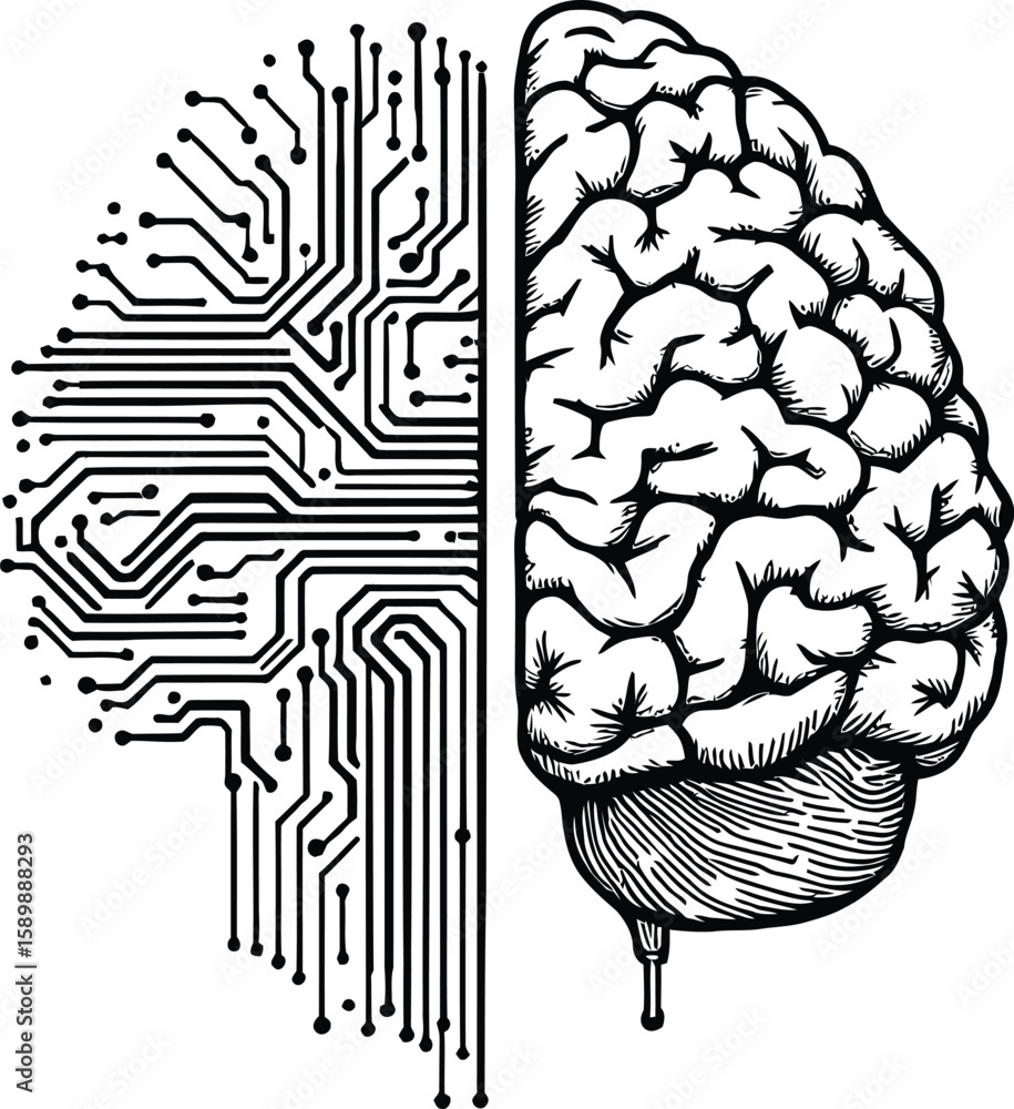 Poster A drawing of a brain split in half with one side being a circuit board and the other an anatomical brain