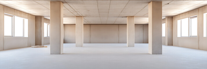 Fototapeta premium Empty concrete room under construction, filled with natural light from several windows. Multiple pillars support the ceiling, accentuating the spacious environment